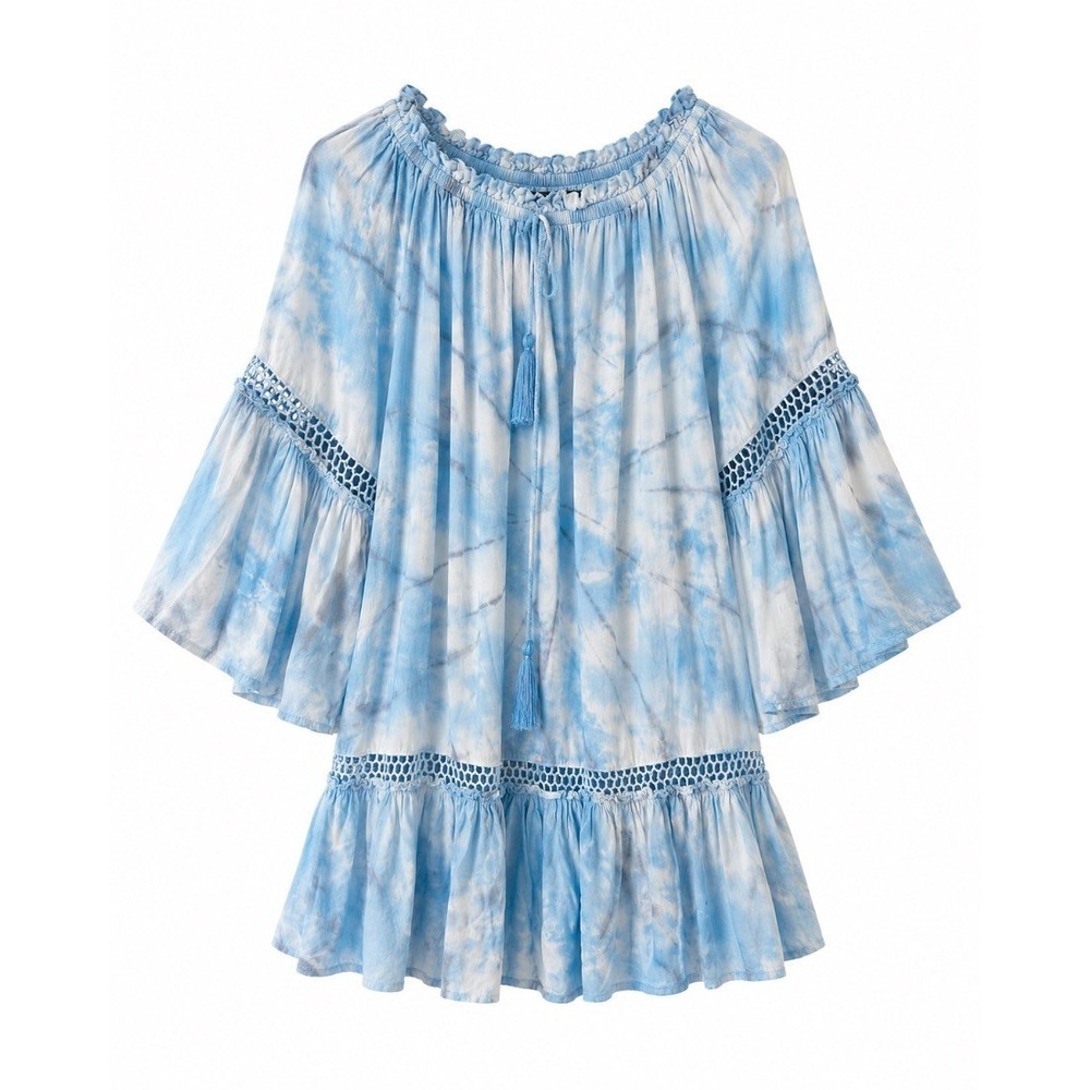 Boho Me Womens Tie Dye Blue Boho Bell Sleeve Crochet Trim Mini Dress M